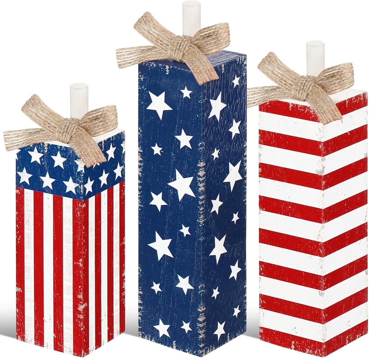 3 Pcs Patriotic Decorations 4th of July Table Decor Red White Blue Decorations Memorial Day Wood Block Sign and Centerpiece for Home Office Independence Day Tiered Tray Decor(Striped Style)